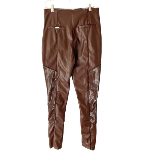 Maniere De Voir Vegan Faux Leather Brown Ribbed Patent Leggings Moto NWT size 12 - Picture 11 of 15